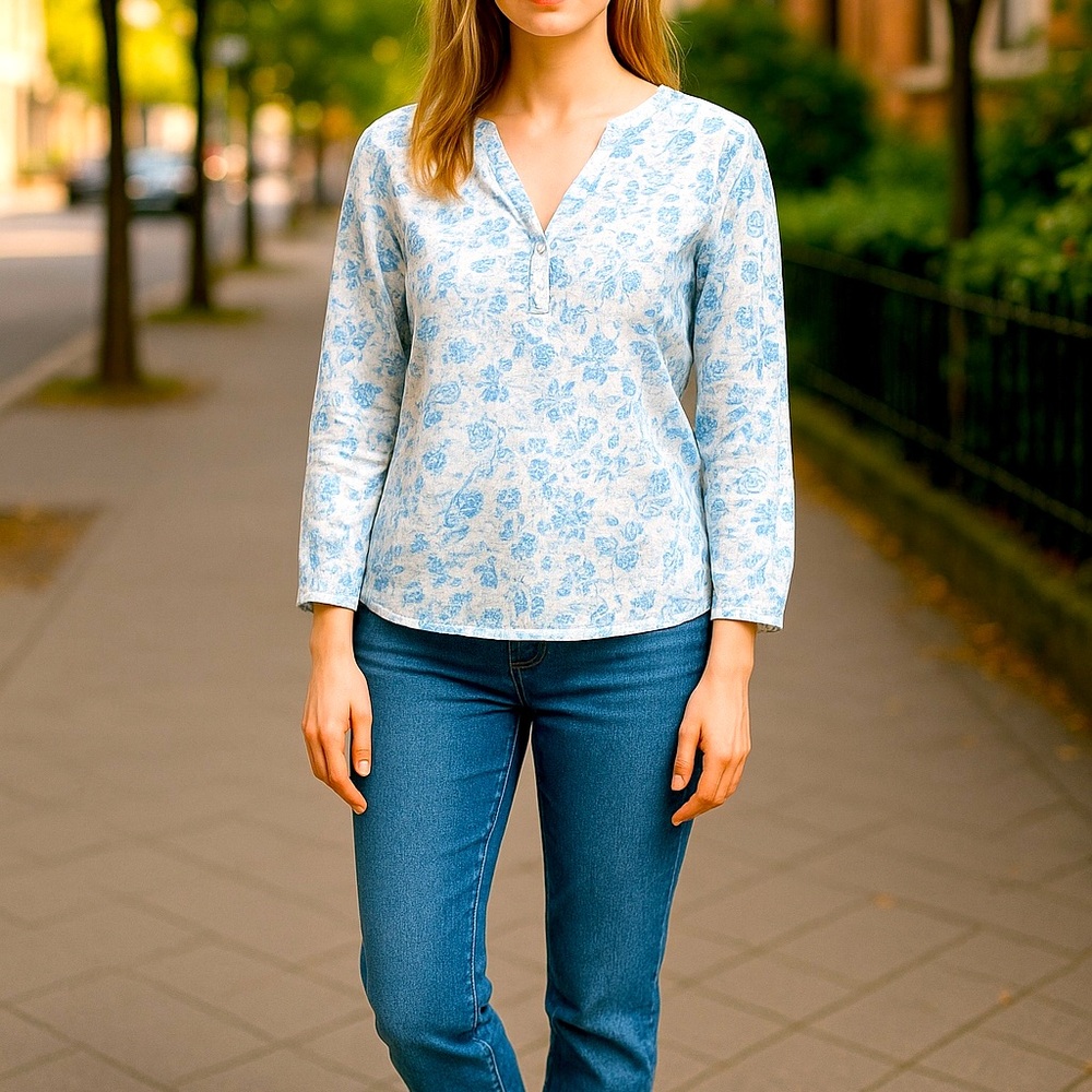 L.L. Bean Blue and White Floral 100 % Linen Top Size L